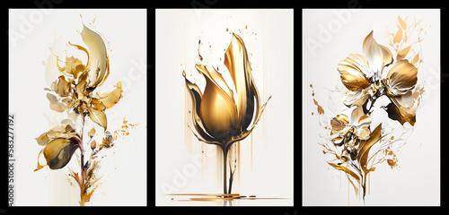 Set of golden floral art posters, gold rose, lilly and orchid on white background abstract concept art, generative ai