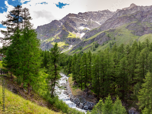 Panoramic view of the river in "Val di Rhemes". Gran Paradiso National Park. Landscape with the stream, the mountains, the peak, the meadow, the path and the woods. Italian Alps. Aosta Valley, Italy