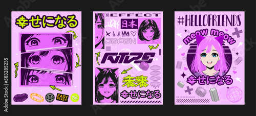 Anime posters, manga prints for typography with girls faces and y2k elements. Japanese slogan text with abstract shapes. Anime, manga, asian girls illustration for t-shirt, typography, streetwear.
