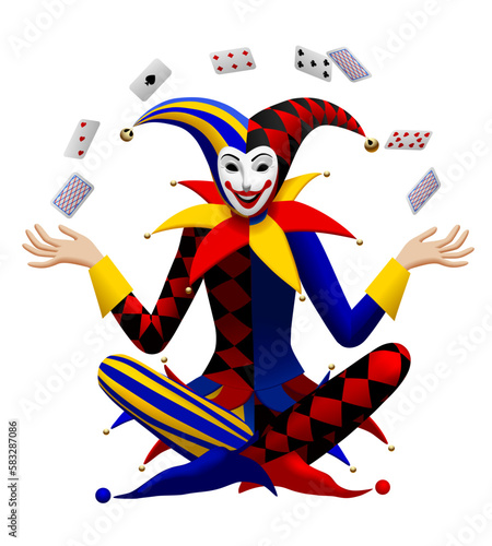 Sitting cross-legged Joker juggles with playing cards isolated on white. Three dimensional stylized drawing. Vector illustration