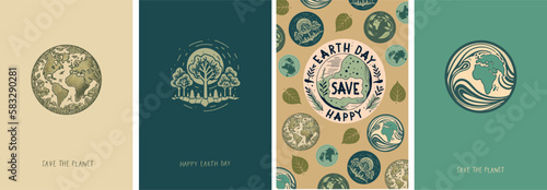 Happy earth day! Vector minimalistic illustrations of globe, world, map, ecology and environmental protection for logo, poster, greeting card or background