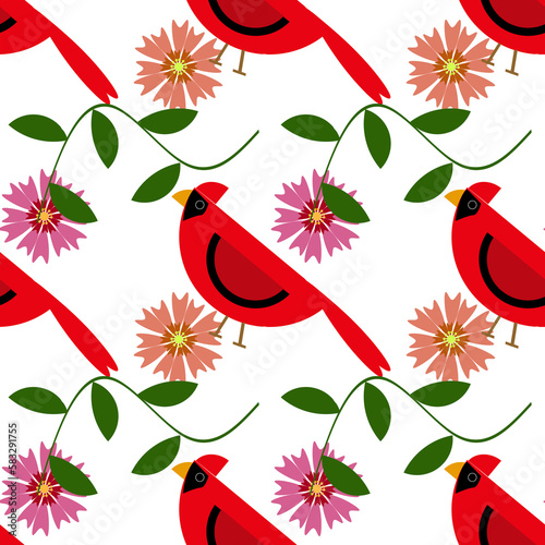 Pattern uccello cardinale rosso con fiori