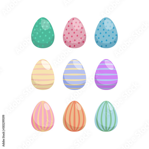 Świąteczne jajka, ozdobne pisanki. Zestaw kolorowych jajek wielkanocnych udekorowanych w paski i kropki. Śniadanie Wielkanocne. Ilustracje wektorowe na Wielkanoc.