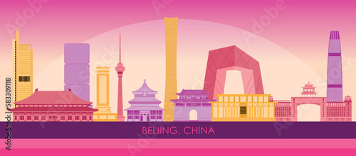 Sunset Skyline panorama of city of Beijing, China - vector illustration