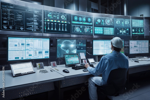 Busy scene inside a chemical industry plant control room, with workers in work clothes monitoring screens and adjusting dials on a large console, generative ai