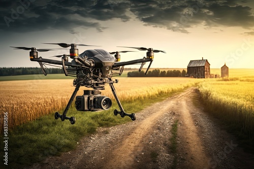 Drone with a camera in a rural environment with old shack in background. Generative AI