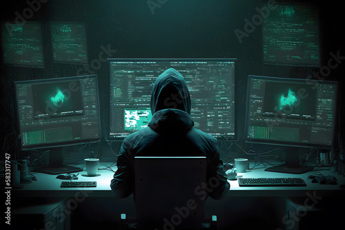 Hacker in hoodie breaking into data server dark theme. Generative AI