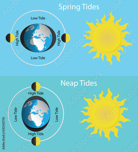 illustration of physics and astronomy, Spring tides and Neap tides, Lunar and Solar tides, Diagram showing earth tides, The Earth revolves around itself and receives sunlight