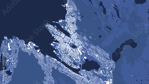 Detailed blue vector map poster of Bergen city, linear print map. Skyline urban panorama. Decorative graphic tourist map of Bergen territory.