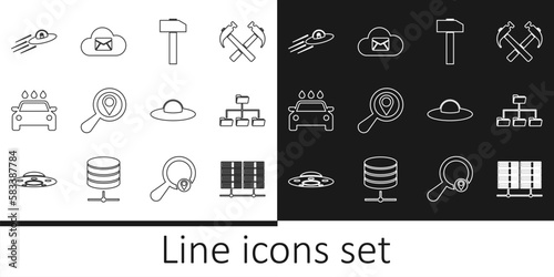 Set line Server, Data, Web Hosting, Folder tree, Hammer, Search location, Car wash, UFO flying spaceship and alien, and Cloud mail server icon. Vector
