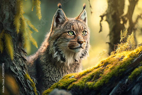 A close-up of a lynx peering out from behind a tree