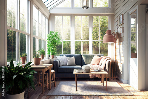 Modern bright sunroom room as interior design concept illustration (Generative AI)