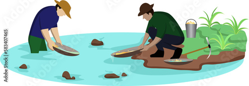 gold diggers wash sand in river to search of treasure in mine vector illustration, search gold nugget in river from gold mine worker. gold mineral extraction
