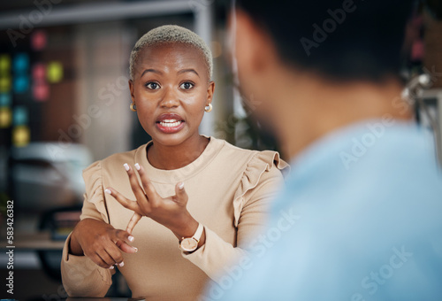 Job interview, human resources recruitment and black woman explain hiring process, HR communication or networking. Talking, speaking and team collaboration chat, strategy discussion or conversation