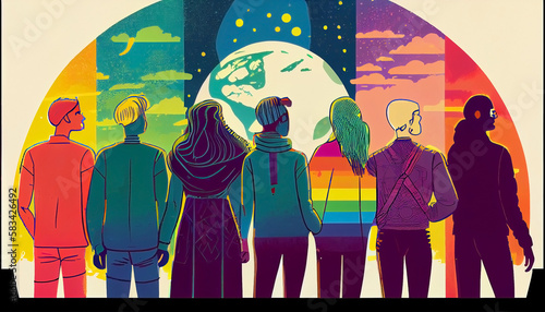 LGBTQ illustration banner, rainbow color artwork design, creative illustration of diverse people of the transgender and LGB community, by generative AI