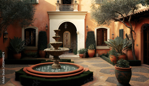 Mediterranean courtyard exterior Italian style in the villa, with fountain and lanterns in the afternoon, orange greenish colors - generative ai