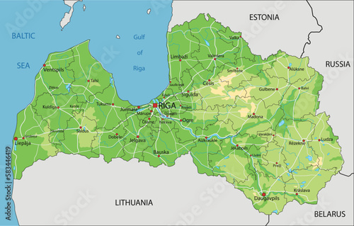 Highly detailed Latvia physical map with labeling.