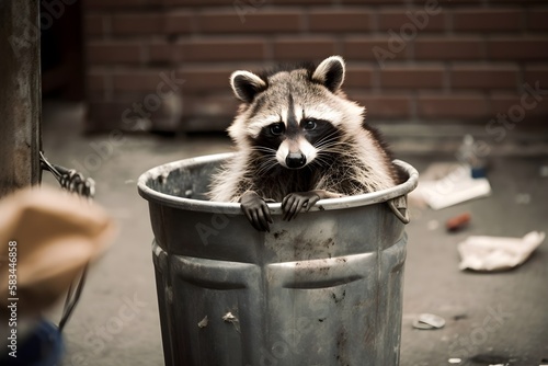 raccoon in the trash bin on the street, generative AI