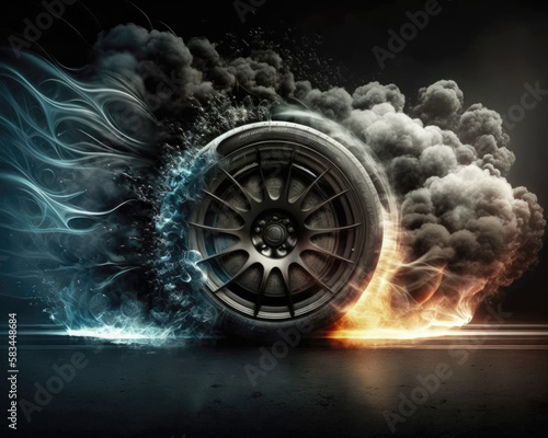 Car wheel smoke and burn after driving at high speed. Generative AI.