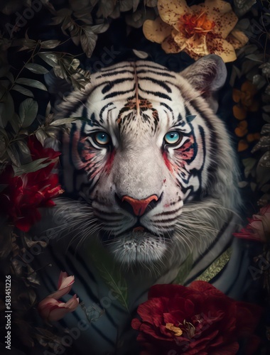 Portrait of a white tiger with blue eyes among flowers. Generative AI.