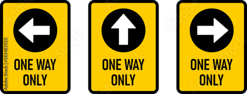 Set of One Way Only Vertical Warning Sign Poster or Sticker Design Icon with Direction Arrow and Text. Vector Image.