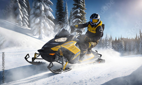 man speed rides a snowmobile in a winter landscape. generative ai