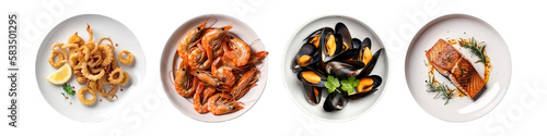 Set of plates with seafood cuisine dish, shrimps, squid, mussels and salmon steak isolated on transparent background - Generative AI