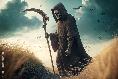 Death with scythe and crows in field against sky. Skeleton dead man in hooded robe, gloomy fantasy gothic generative ai illustration