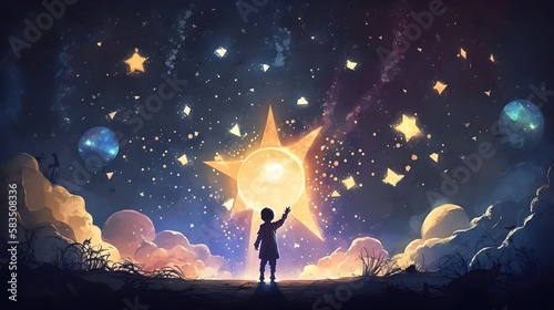 Reach out for the stars, young boy standing among glowing planets and holding the star up in the night sky, Generative AI