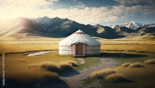 Traditional mongolian yurt in the sunshine on a grassy filed with mountains in the background. Generative AI