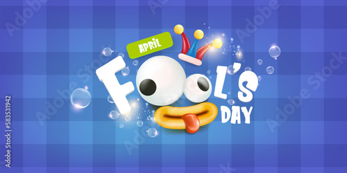 April fools day vector banner with funny clown hat and greeting text isolated on blue background. April fools day label, sticker and funky poster design template. Fools day logo and icon