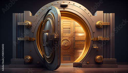 Gold bank vault door with a combination lock. Generative Ai
