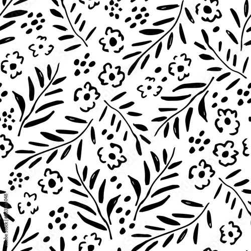 Simple vector floral seamless pattern. Black contour small flowers, twigs, leaves on a white background. For printing on textiles, wrapping paper, clothing, bedding, stationery.