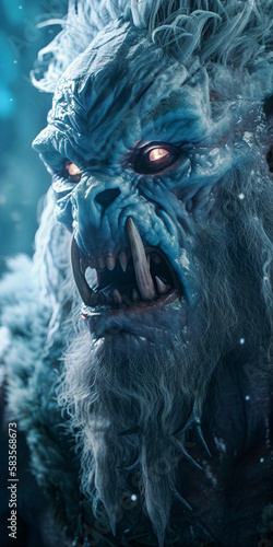 Fearsome abominable snowman or ice giant monster. Concept of scary folklore creature.