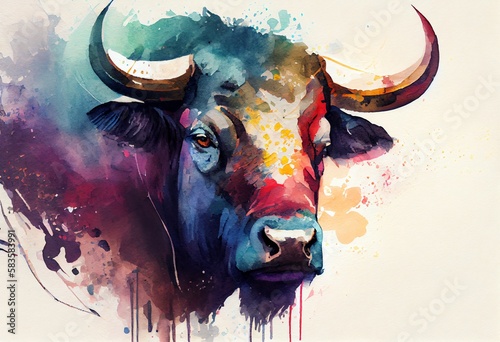 Watercolor Illustration of a Portrait Face Of Bull With Colorful Paint. Generative AI
