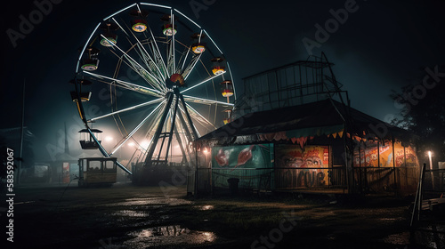abandoned carnival with a ferris wheel on a cloudy night. Generative Ai