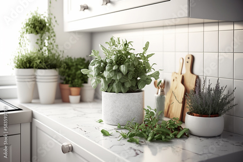 Growing plants at the kitchen. Generative AI
