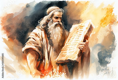 Watercolor Illustration of a Prophet Moses With Stone Tablet Painting. Generative AI