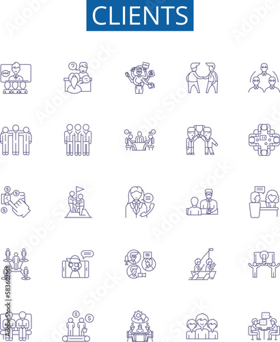 Clients line icons signs set. Design collection of Customers, Patrons, Consumers, Clients, Buyers, Prospects, Subscribers, Cliques outline concept vector illustrations