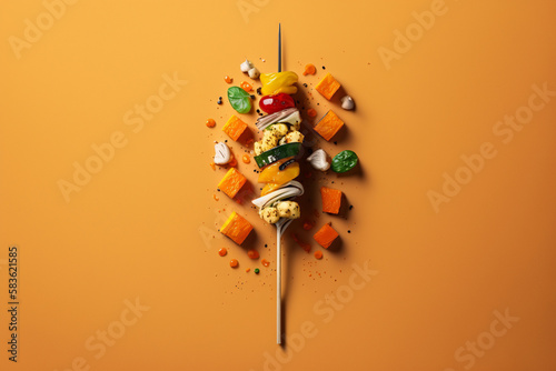 Grilled Chicken And Vegetables on Skewer For Starters Placed on a Bright Background | Generative Art 
