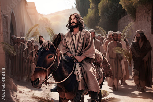 Biblical account of Jesus Christ riding a donkey people surrounded him. Triumphal Entry in Jerusalem or Palm Sunday Easter and is recorded in the Gospels. Generative ai