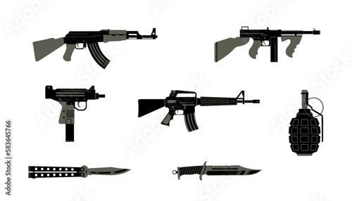 Weapons vector icons set. Automatic knife-pistol, AK-47, M-16, Hand grenade.