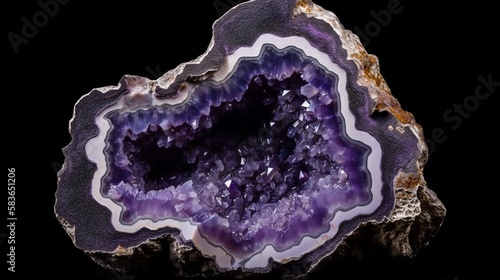 Vibrant purple amethyst geode rock, sparkling and lustrous crystals inside with striking textures and natural patterns Generative AI