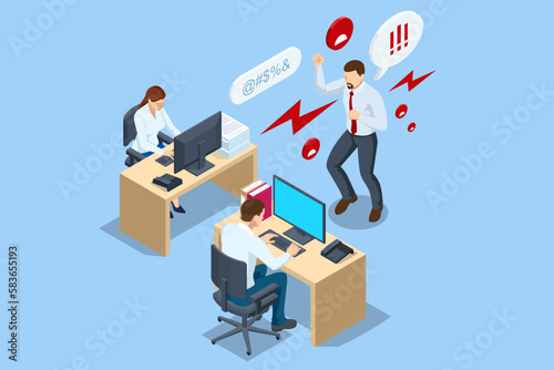 Isometric Corporate Problems, Female Rights and Bullying Problem At Workplace. Businessman bullying a sad colleague that is sitting in her workplace at the office