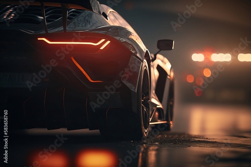  Generative Ai. A lamborghini is driving on a wet road in the dark.