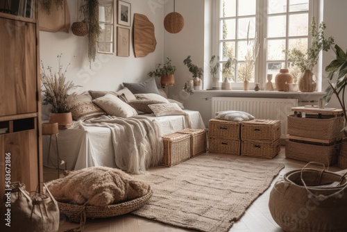 Scandinavian bedroom Rustic. arid pampas. Wooden cabinet wicker baskets with dried flowers. Cozy living room. Excellent picture. Generative AI