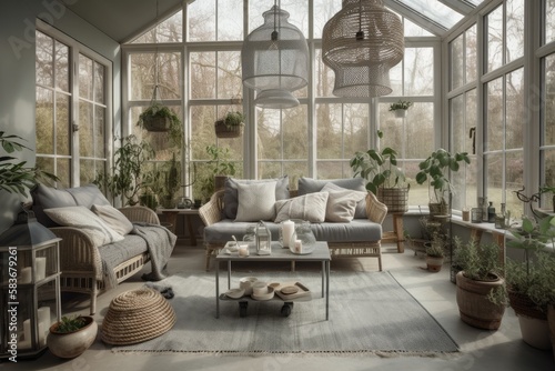 Warm, airy conservatory interior with gray couch and several green house plants. Interior hygge. Biophilia. Concentration. Generative AI