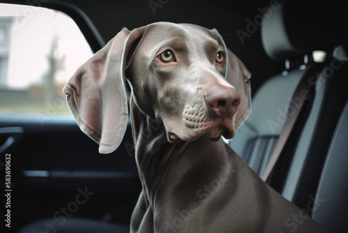 Calm weimaraner is waiting for owner on back seat in closed car. Huge dog is left alone in locked car. Leaving pets locked in cars is never safe created with Generative AI