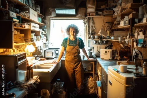 Determined female doomsday prepper, focused expression, surrounded by survival gear, prepared for any scenario, generative ai