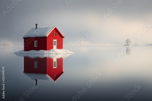 Red cottage in a white winter Scandinavian landscape, generative ai